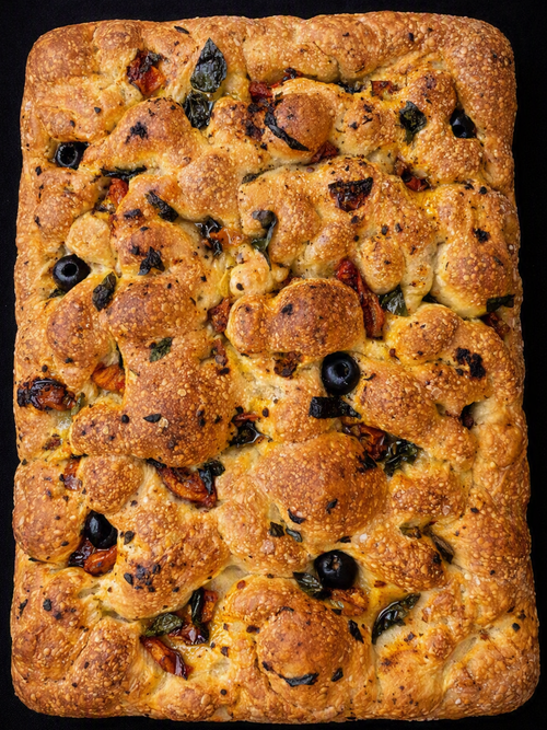 Sun-blushed Tomatoes, Black Olives and Basil Focaccia